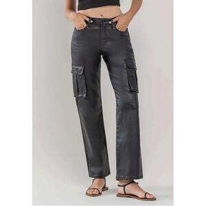 VERVET High Rise Coated Cargo Straight Black Jeans Size 27